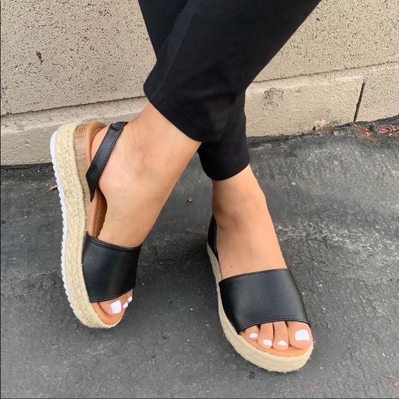 Shoes - Leatherette Sling Back Espadrille Flatforms